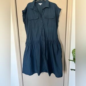 XL Ophelia Roe Navy Blue Button-Up Utility Short Sleeve Dress With Pockets